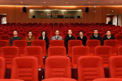 Group photo of the delegation at the Theatre of Northwestern Polytechnical University’s Taicang campus (from left to right): Mr Chow Kwan Hang, Dr Joey Lam, Prof Chan Yuen Tak Fai Dorothy, Prof William K.M. Lee, Ms. Hu Qin, Prof Dong Hao, and Mr Zhang Anyong.